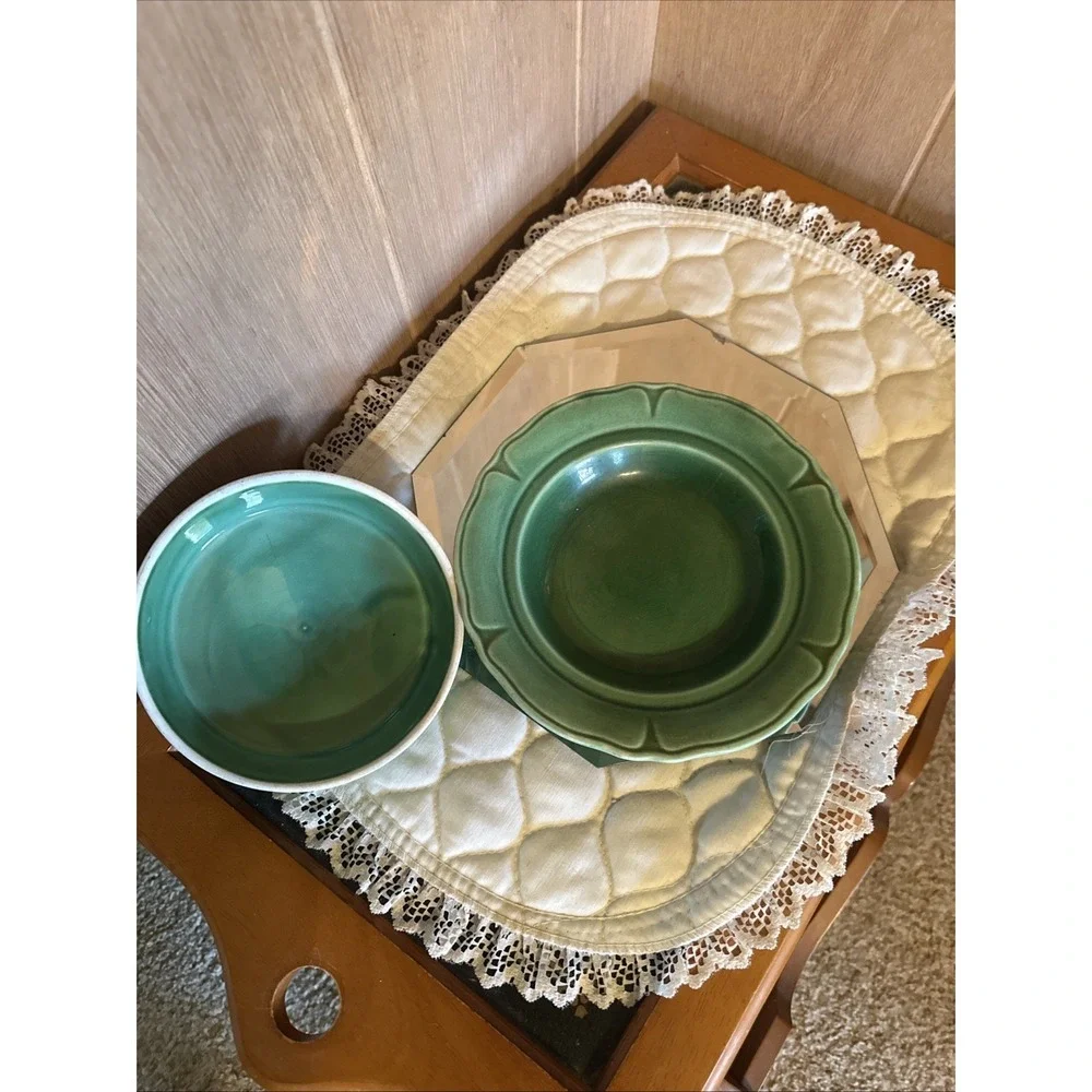vintage green covered butter dish from the‎ Mount Clemens Pottery Company